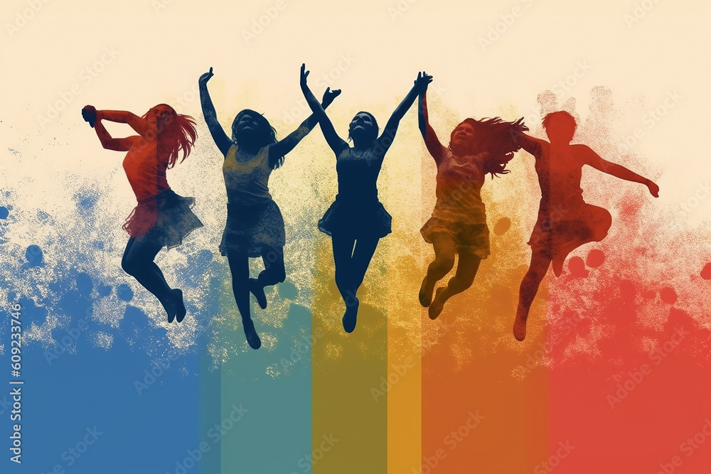 Silhouettes of people jumping for joy against a multi coloured rainbow background.  Generative AI.