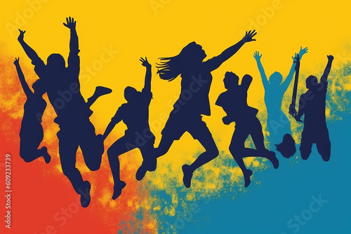 Silhouettes of people jumping for joy against a multi coloured background. Generative AI.