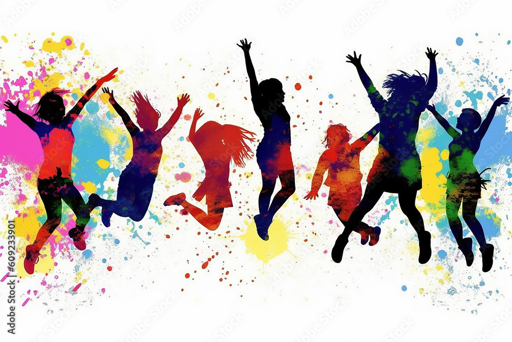 Multi coloured silhouettes of people jumping for joy against a white background.  Generative AI.