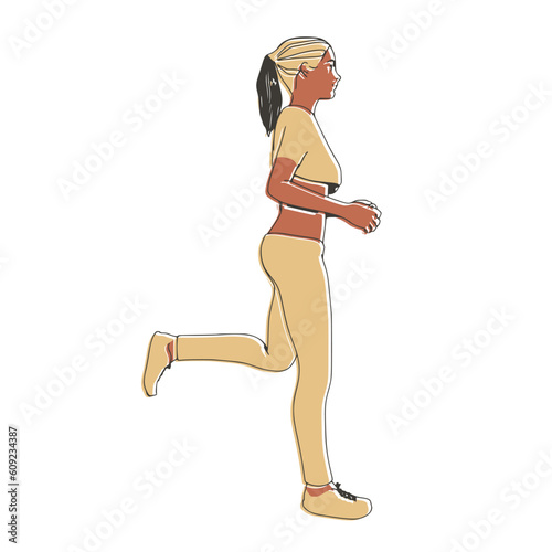 Running woman. Sport girl illustration. Casual sportwear - t-shirt, breeches and sneakers. Young woman wearing workout clothes. Sport fashion girl outline in urban casual style.