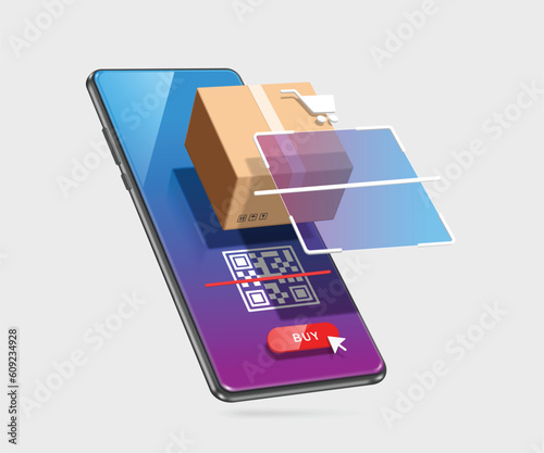 Scan QR code on smartphone screen to payment after pressing red buy order button below and parcel box or cardboard box appears