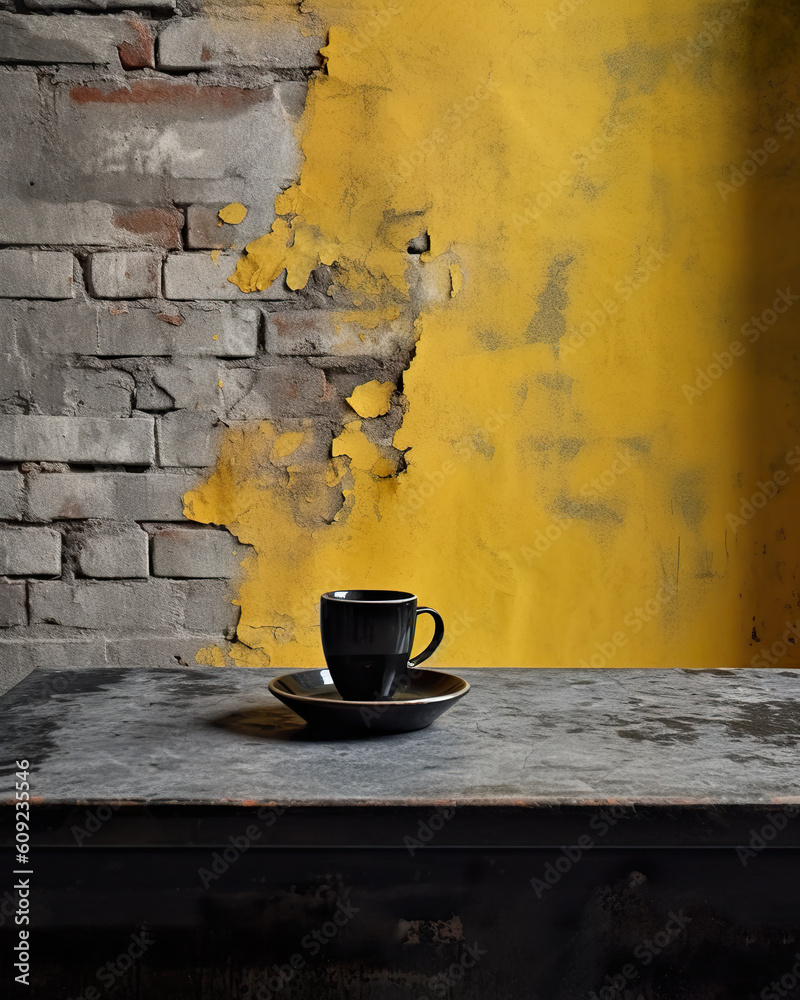 Illustration of a cup of hot black coffeе on the kitchen table against a brick wall. Cup of hot black coffee on table against wall in subversive film style. Realistic 3D illustration. Generative AI Illustration of a cup of hot black coffeе on the kitchen table against a brick wall. Cup of hot black coffee on table against wall in subversive film style. Realistic 3D illustration. Generative AI