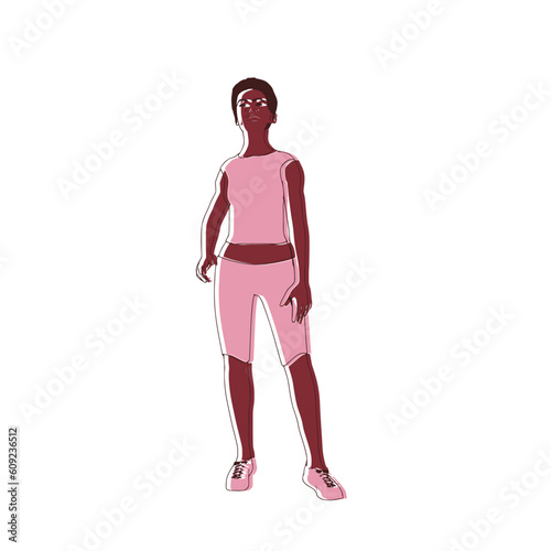Standing afro american woman. Sport girl illustration. Casual sportwear - t-shirt, breeches and sneakers. Young woman wearing workout clothes. Sport fashion girl outline in urban casual style.