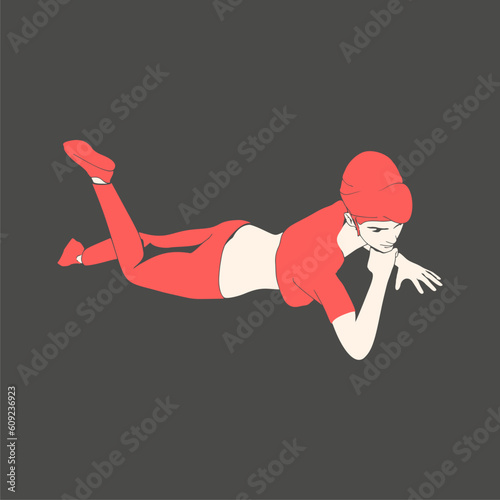 Lying woman. Sport girl illustration. Casual sportwear - t-shirt, breeches and sneakers. Young woman wearing workout clothes. Sport fashion girl outline in urban casual style.