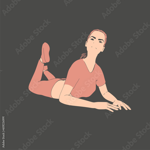 Lying woman. Sport girl illustration. Casual sportwear - t-shirt, breeches and sneakers. Young woman wearing workout clothes. Sport fashion girl outline in urban casual style.