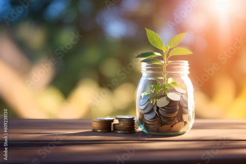 Plant Growing In Jar with Savings Coins - Investment And Interest Concept