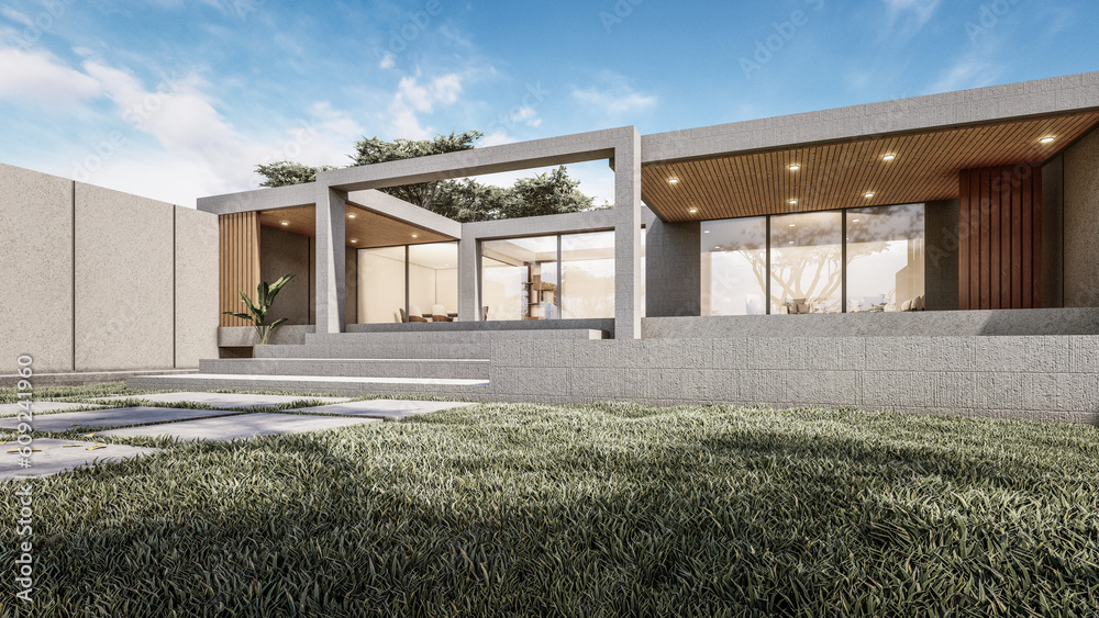 Obraz premium Architecture 3d rendering illustration of minimal modern house with natural landscape