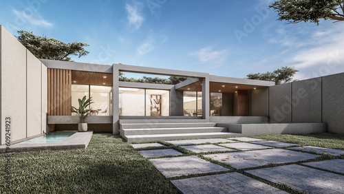 Architecture 3d rendering illustration of minimal modern house with natural landscape © Aris Suwanmalee