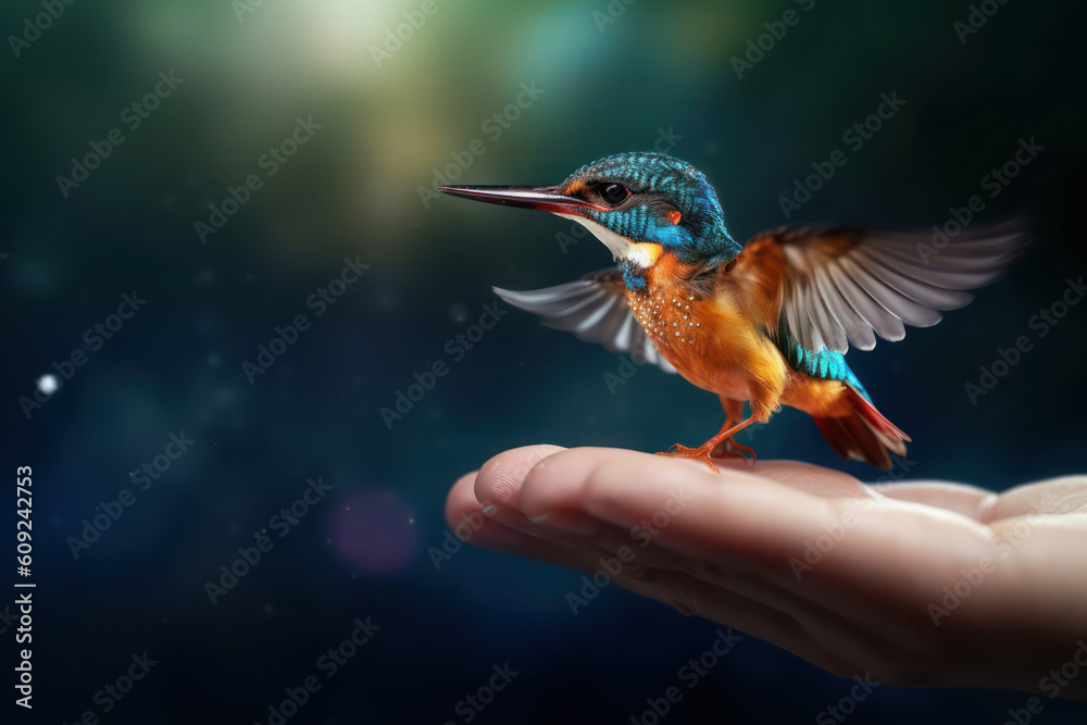 Fototapeta premium Kingfisher bird feeding on a hand with Ai Generated