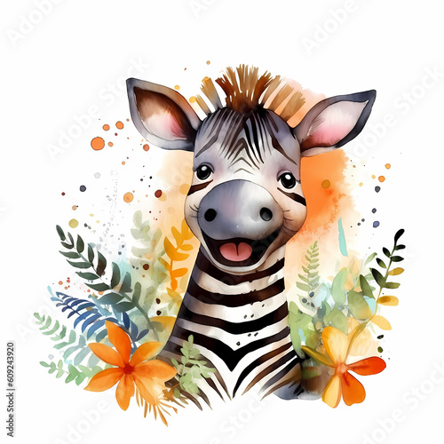 Cute Zebra kids book illustration Watercolor. Generative AI
