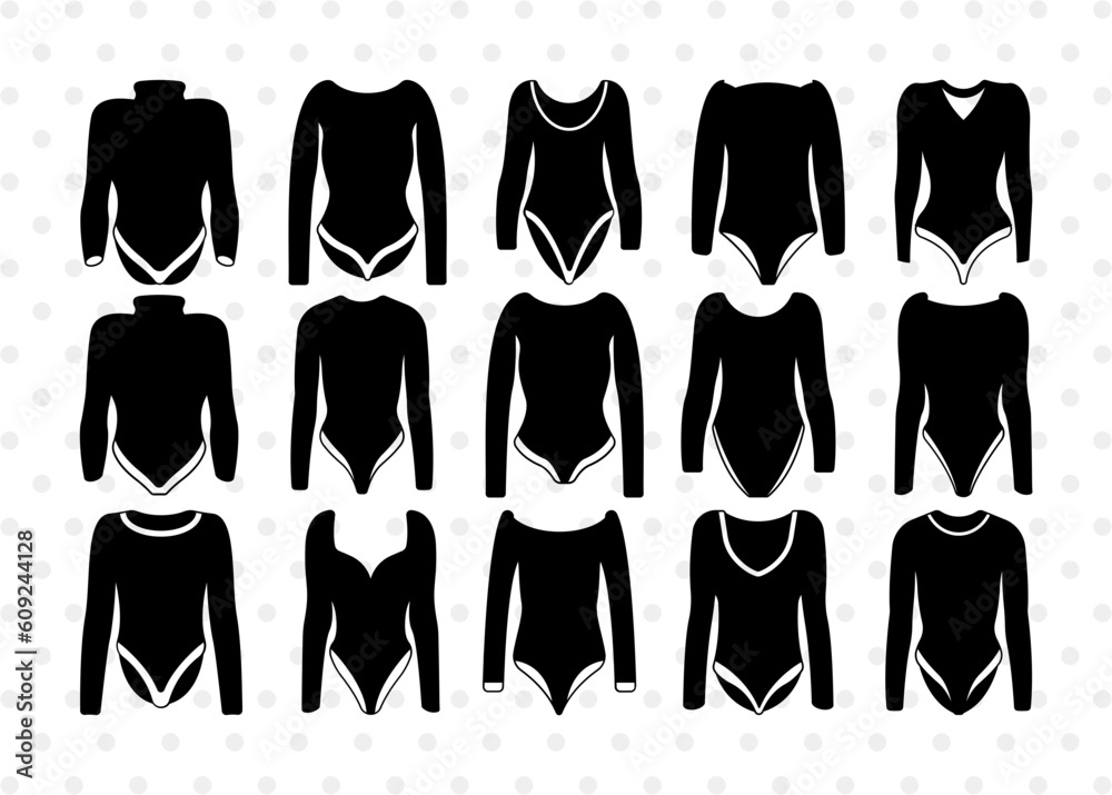 Womens Swimsuit Silhouette, Swimwear Svg, Long Sleeve Bodysuit Svg ...
