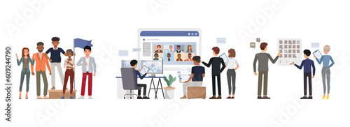 Set of office man and woman character vector design. Business people working in office planning, thinking and economic analysis.