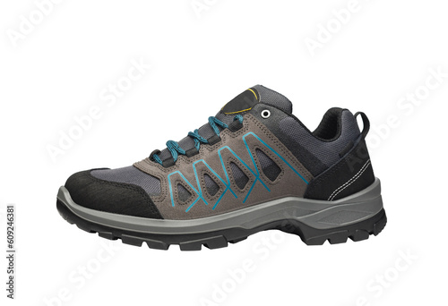 New running sneaker in cold weather isolated on white background. Men sport  footwear for everyday use. Athletic unbranded workout gym shoes with white  sole. Modern grey leather trainers for training. Stock Photo