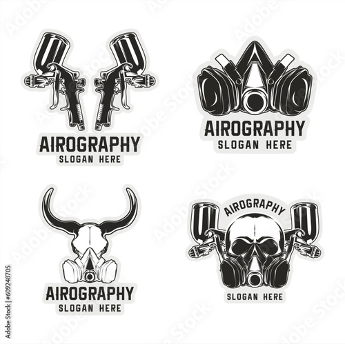 Aerography air brush black and white logo emblem set