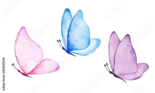 Watercolor set. texture butterflies, pink, blue, lilac, isolated on white background. Drawn by hand. Element for design and decoration. Flying moth.