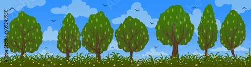 Spring cartoon landscape. Clouds  trees on green grass with flowers.