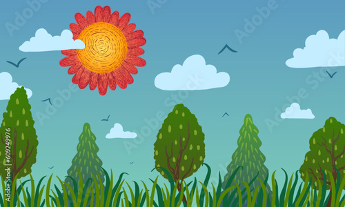 Spring cartoon landscape. Sun with clouds, trees on green grass with flowers. © evgenii141