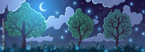 Night spring cartoon landscape background. Clouds, trees on green grass with flowers. © evgenii141