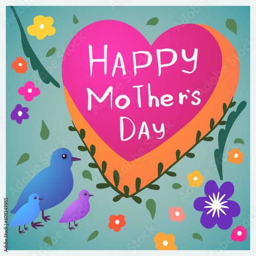 Mothers Day. birds animals characters Inscription mom in heart on colorful background  © evgenii141