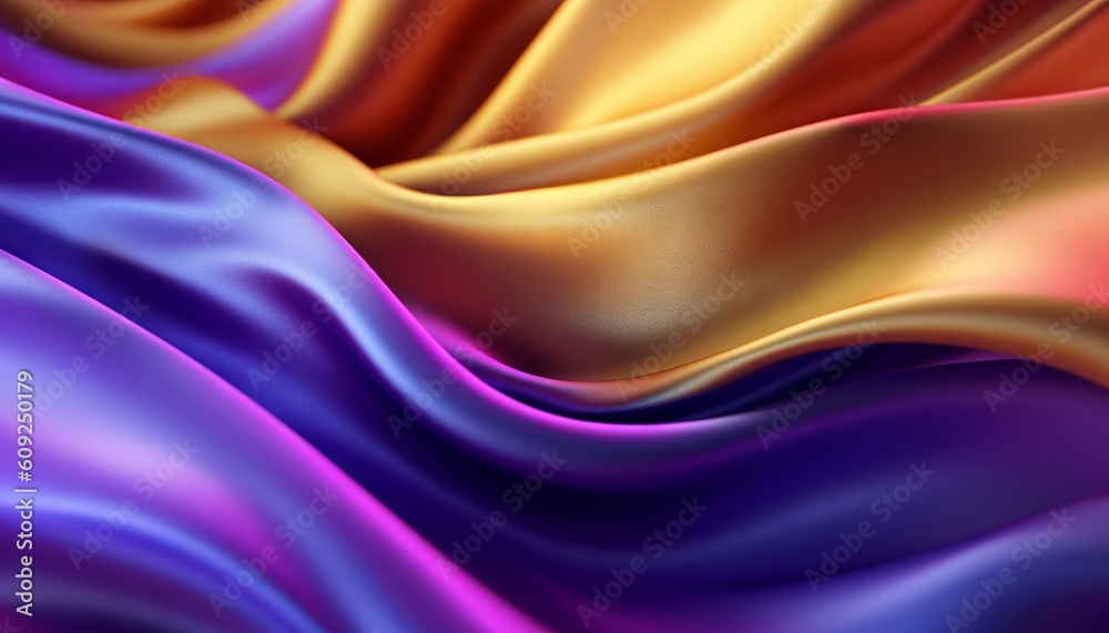 Abstract Background with 3D Wave Bright Gold and Purple Gradient Silk Fabric. Generative ai