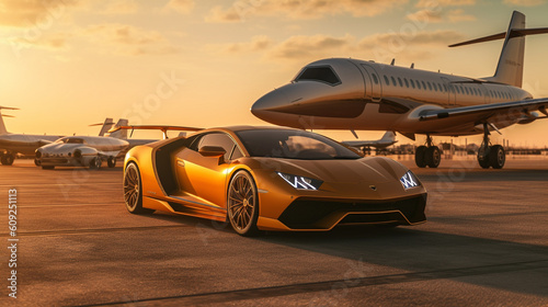 Golden luxury and convenience as you witness a supercar and private jet at a landing strip. The supercar's sleek silhouette and the private jet's, Generative AI photo