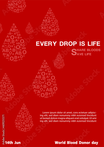Goup bloods type in a droplet shape with slogan and wording of world blood donor day, example texts on red color background. Poster's campaign of world blood donor day in flat style and vector design.