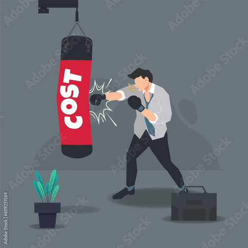 Businessman punch hardly the punching bag with word COST. Cost reduction concept vector illustration