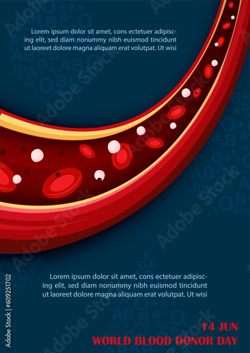 Blood cells in the blood vessel with wording of world bloods donor day and example texts on navy blue background. Poster's campaign of world blood donor day in vector design.