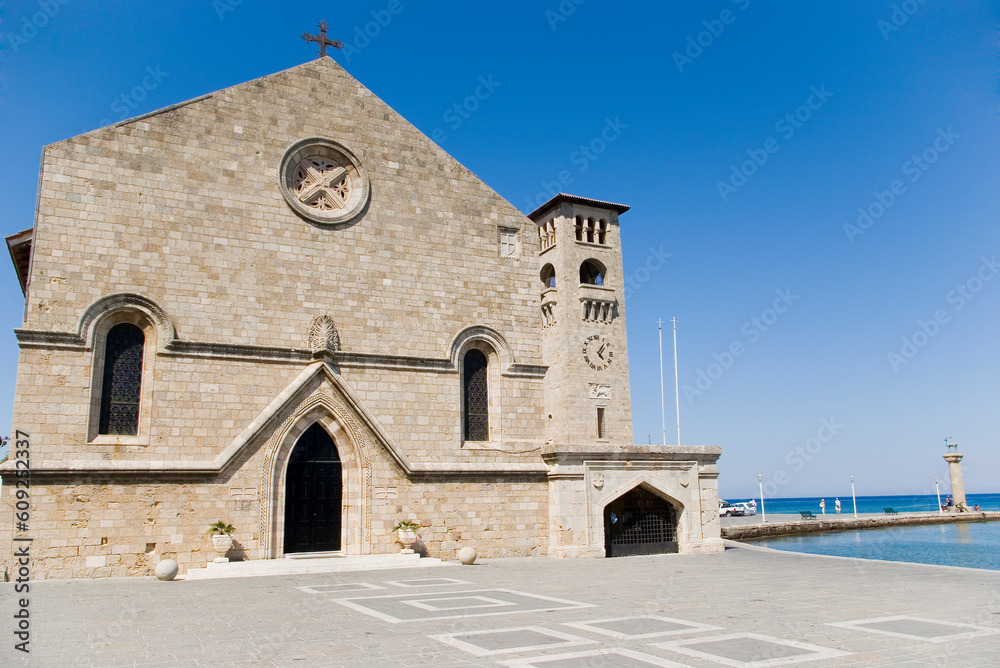 This interesting church is located in the New City of Rhodes, north of the harbour.    It was built in 1925 by the Italians, following the architectural design of the old gothic Church of Saint John (