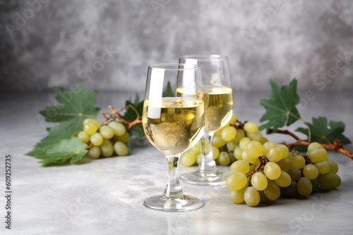 Generative AI.glass of white wine on a table. A fresh chilled glass of ice wine with grapes. Tasting, festivals, sophisticated lifestyle and winemaking concept