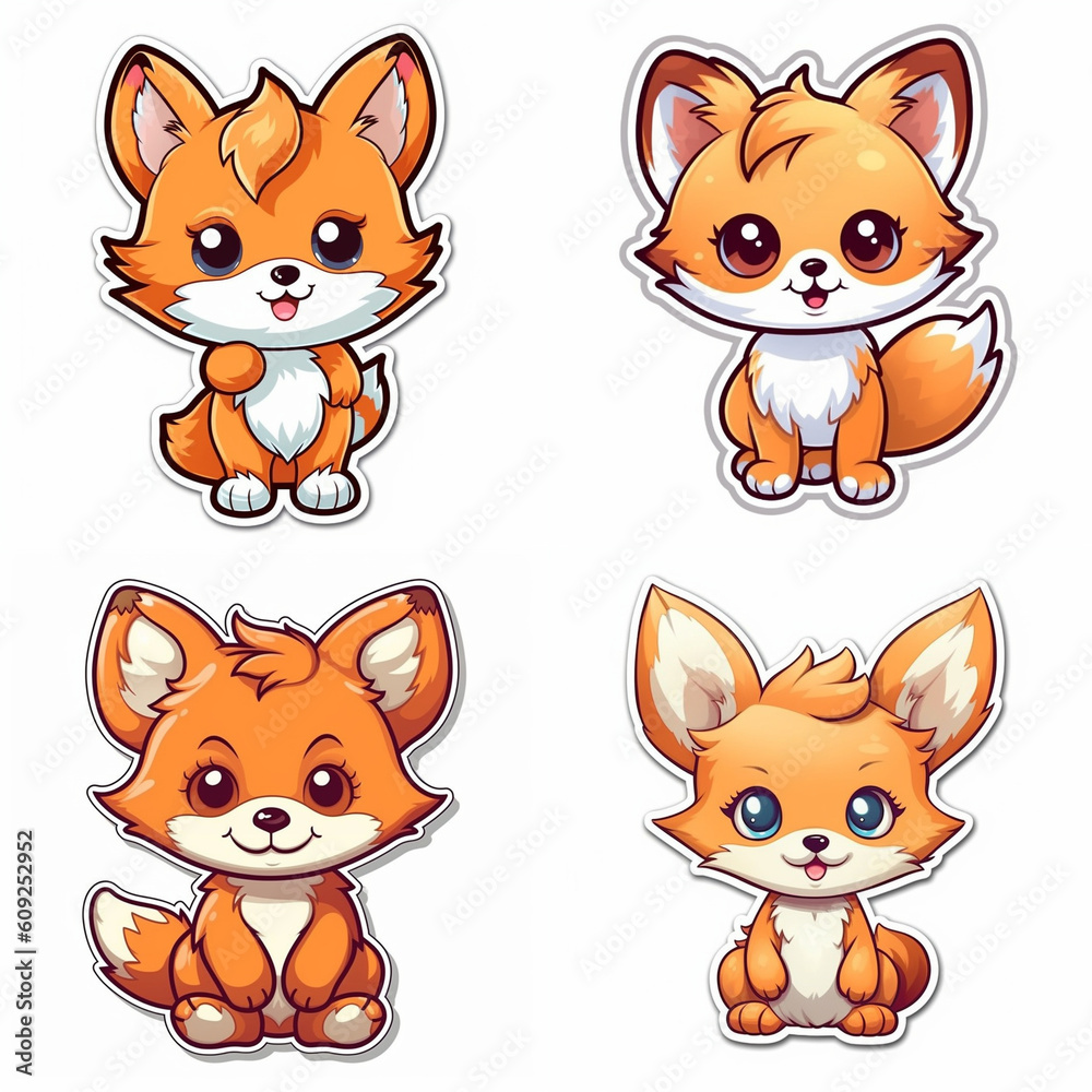 kawaii style cute foxes stickers - set of funny cartoon fox