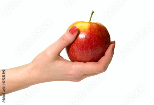 womans's hand with red apple