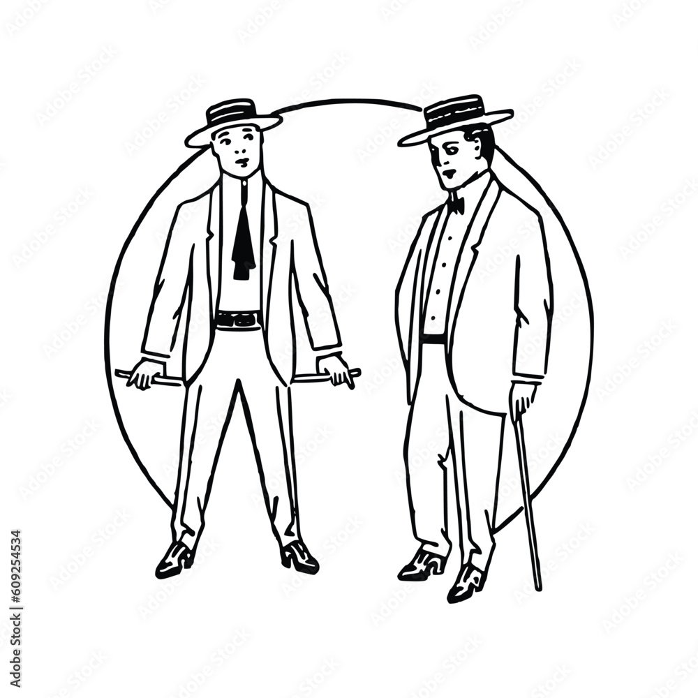 Vector illustration of two men in a hat and coat. Black and white.