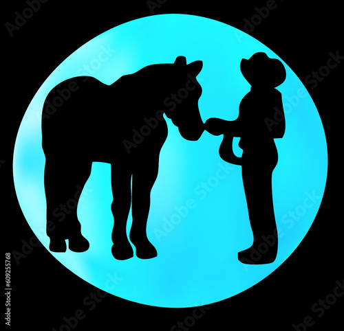 Western type silhouette with blue gradient moon behind
