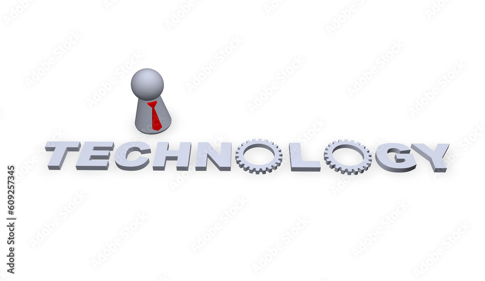 technology text in 3d and play figure with red tie technology text in 3d and play figure with red tie