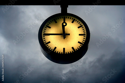 Clock at a quarter to twelve with a background of dark rainclouds