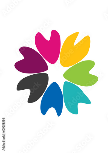 Pinwheel flower icon, seven color leaves like flower various colorful petals in circle
