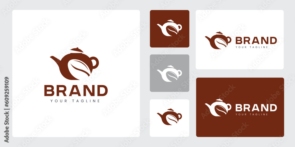 Teapot and Coffee Beans Logo Set. In Coffee Bean Traditional Style With Negative Space. Coffee Brown Color Logo. Teapot and Coffee Beans Logo Set. In Coffee Bean Traditional Style With Negative Space. Coffee Brown Color Logo.