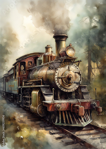 Old vintage train watercolor art