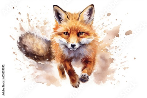watercolor of a running cute fox, colorful imagery,digital illustration, white background
