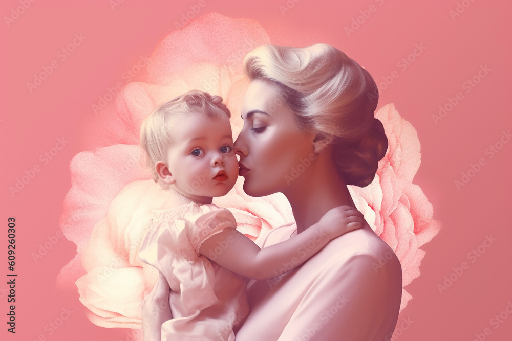 A mother and young child illustration, isolated on a pink background. Love, Mother's Day, Family, Bond. Developed with generative ai A mother and young child illustration, isolated on a pink background. Love, Mother's Day, Family, Bond. Developed with generative ai