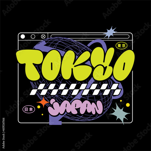 Tokyo japan y2k streetwear style colorful slogan typography vector design icon illustration. Kanji read Tokyo and Japan. Vintage tshirt, fashion, poster, slogan shirt, sticker