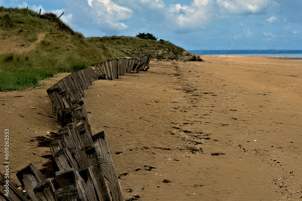 Normandy World War Two landing beaches. Utah Beach in Normandy region of France showing weathered wood fence, dunes with beach grass. Normandy World War Two landing beaches. Utah Beach in Normandy region of France showing weathered wood fence, dunes with beach grass.
