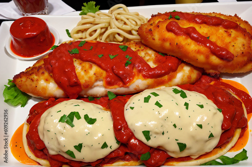 Baked chicken fillet with tomato sauce and cheese on a plate generative AI