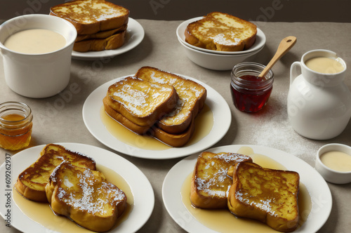 French toast with honey and jam on a brown background. Selective focus generative AI