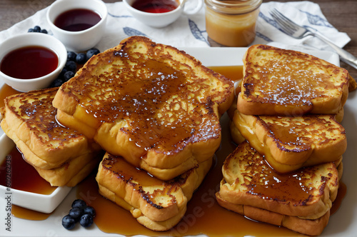 French toast with honey and jam on a wooden table top view generative AI