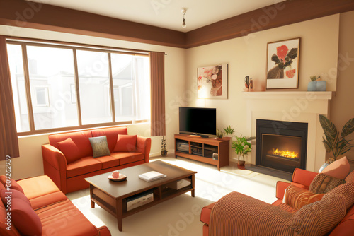 Interior of living room with fireplace and sofa 3d render generative AI