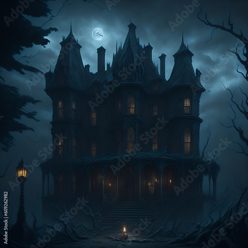 halloween night with castle crated by generative ai tool 