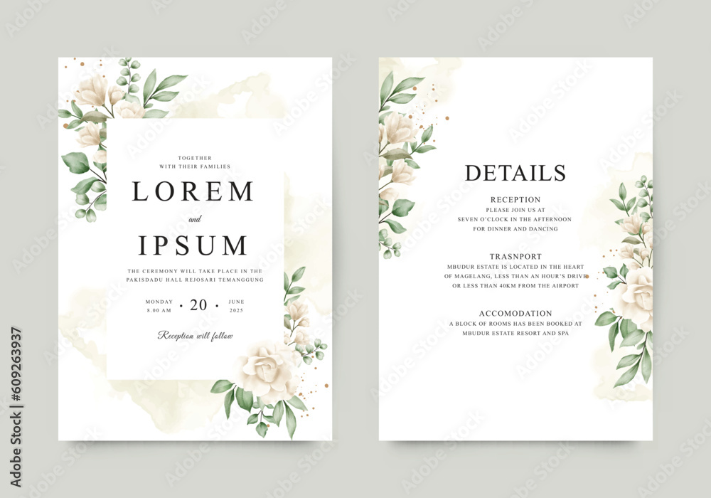 Wedding invitation card template with yellow flowers and green leaves