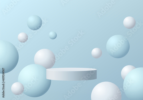3D background realistic white cylinder pedestal podium with bounce blue balls around. Wall minimal scene. Mockup product display. Abstract geometric platforms. Stage for showcase. 3D Vector rendering.